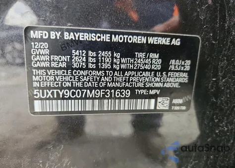 2021 BMW X3 xDrivem40I z USA, uszkodzony, nr VIN 5UXTY9C07M9F31639